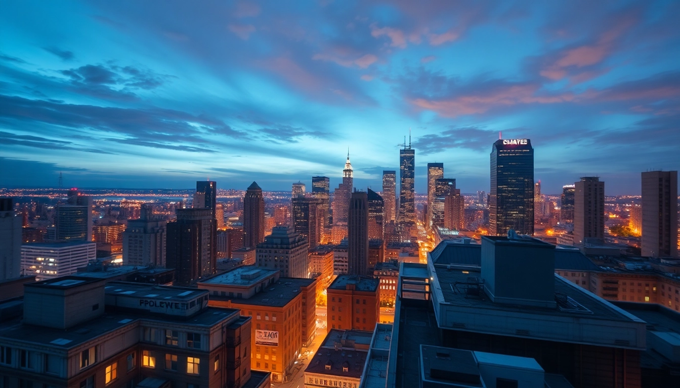 Illustration depicting what do internet service providers do by showcasing city skyline with ISP antennas.