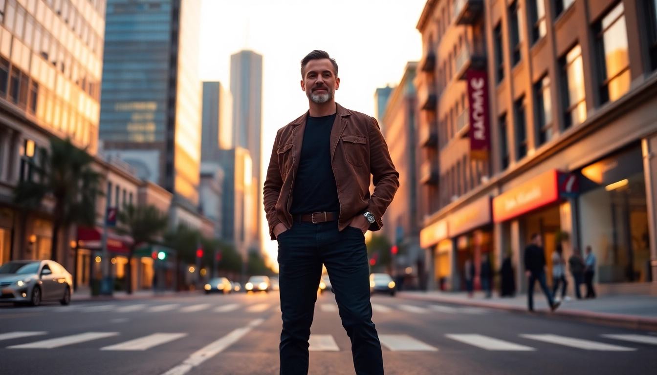 Showcasing a man standing tall at 180 in height in an urban sunset scene, highlighting his confident demeanor.