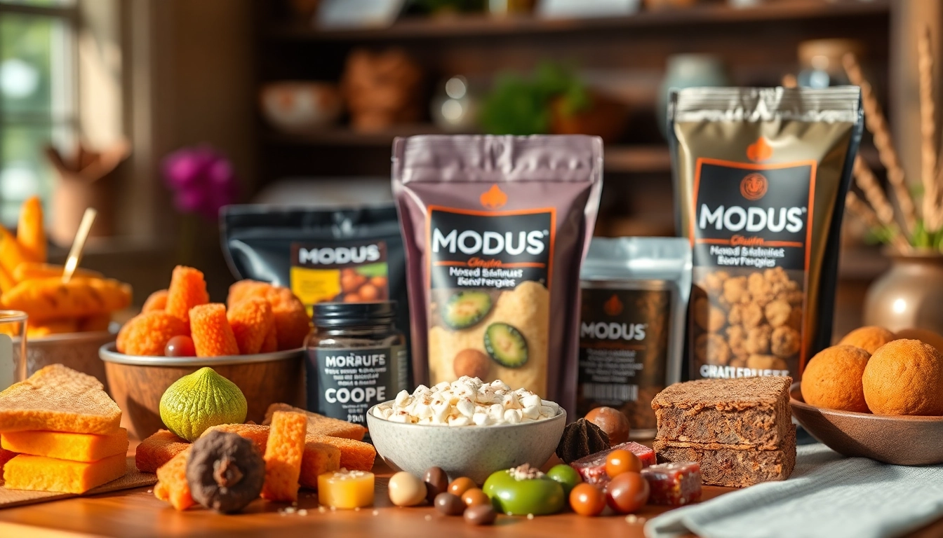 Review assorted Modus edibles highlighting vibrant colors and appealing textures for an engaging experience.