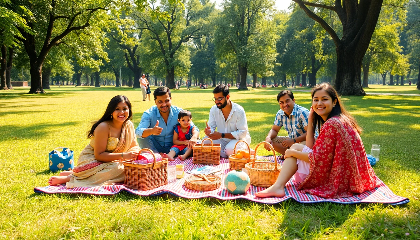 Families enjoying a picnic spot near Mumbai with colorful blankets and lush greenery.