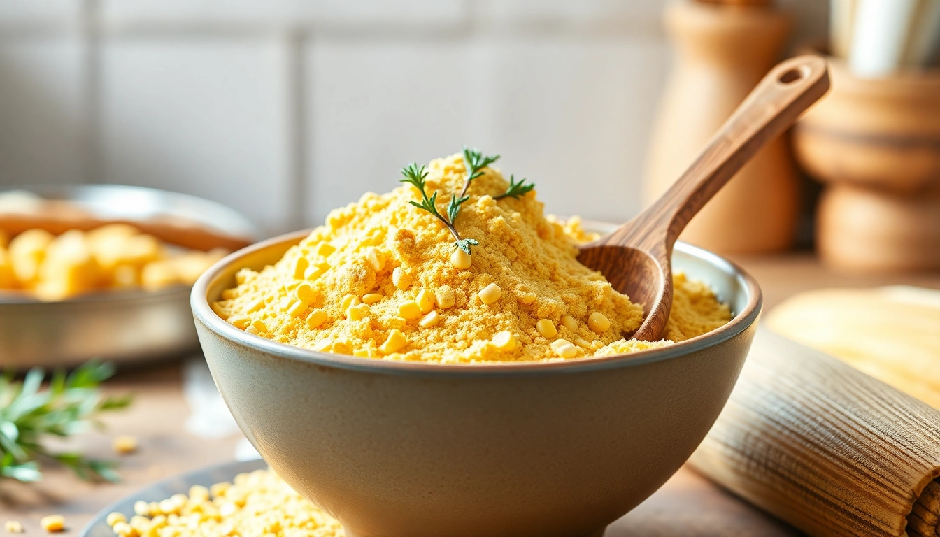 Corn flour is good for health; showcase golden corn flour in a bowl with corn and spoon, highlighting its benefits.