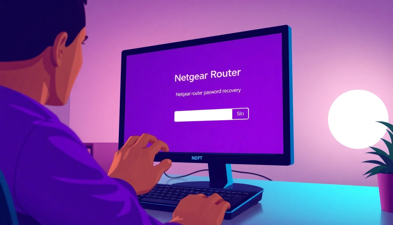 Guide users through netgear router password recovery by showing a computer screen with recovery steps.