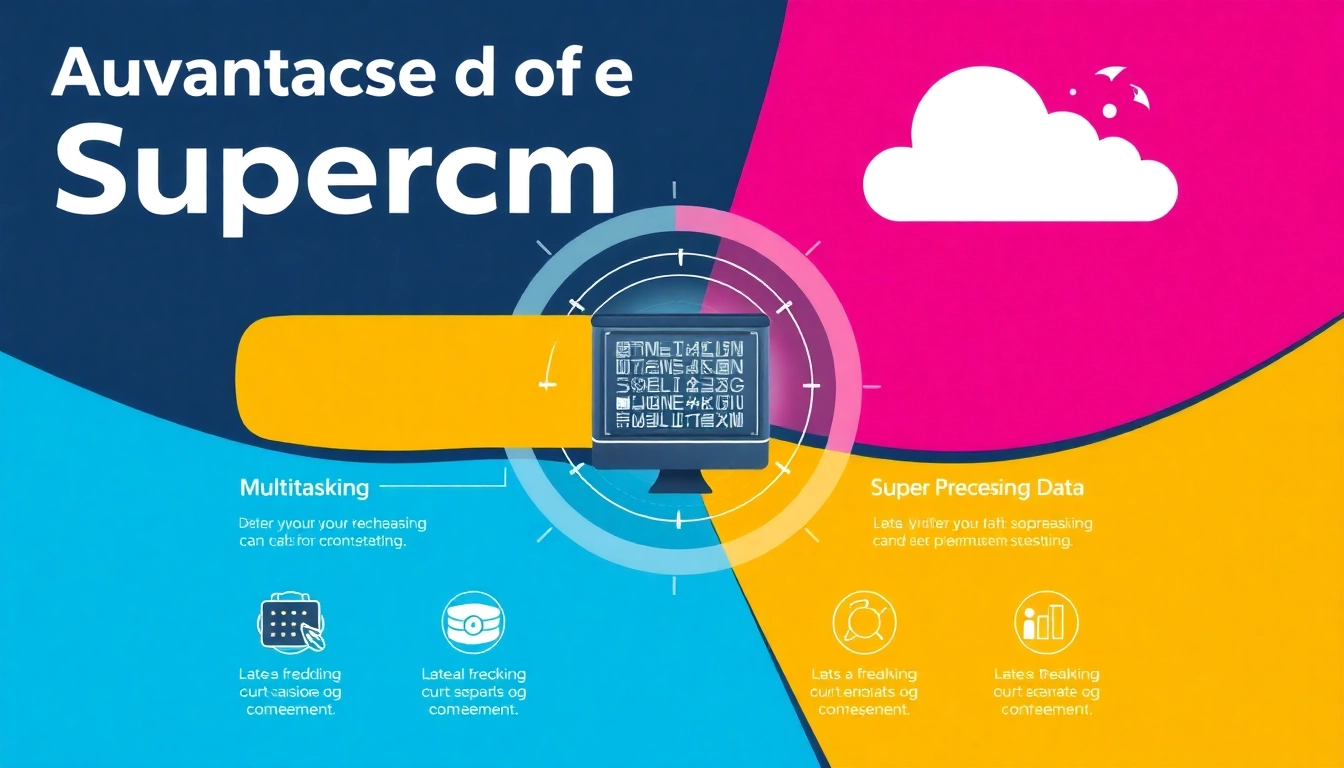 Highlight the advantages of supercomputer with an infographic showing speed, multitasking, and data processing.