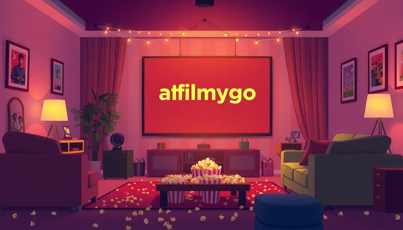 Experience a lively movie night with 'afilmygod' screen display, inviting ambience, and scattered popcorn.