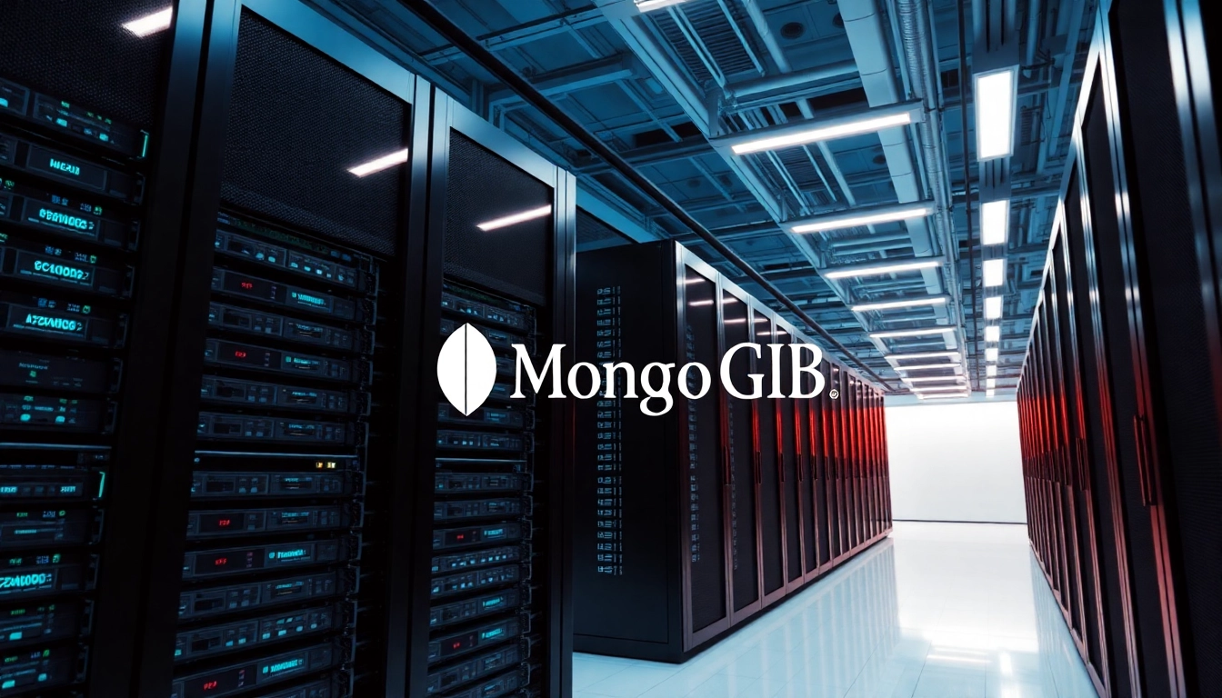 Showcasing how MongoDB is structured or unstructured in a data center setting with servers managing diverse data types.