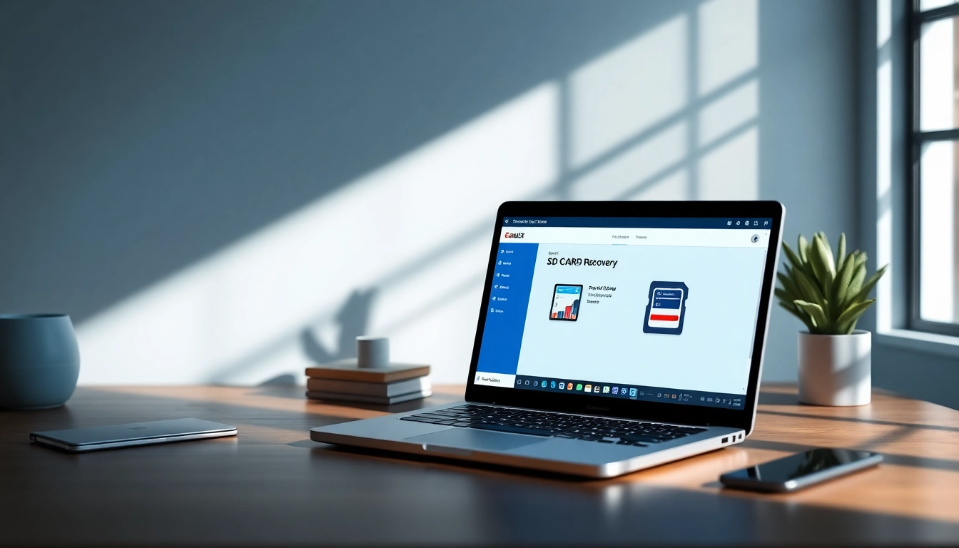Recover your files with EaseUS SD card recovery software interface displayed on a laptop screen.