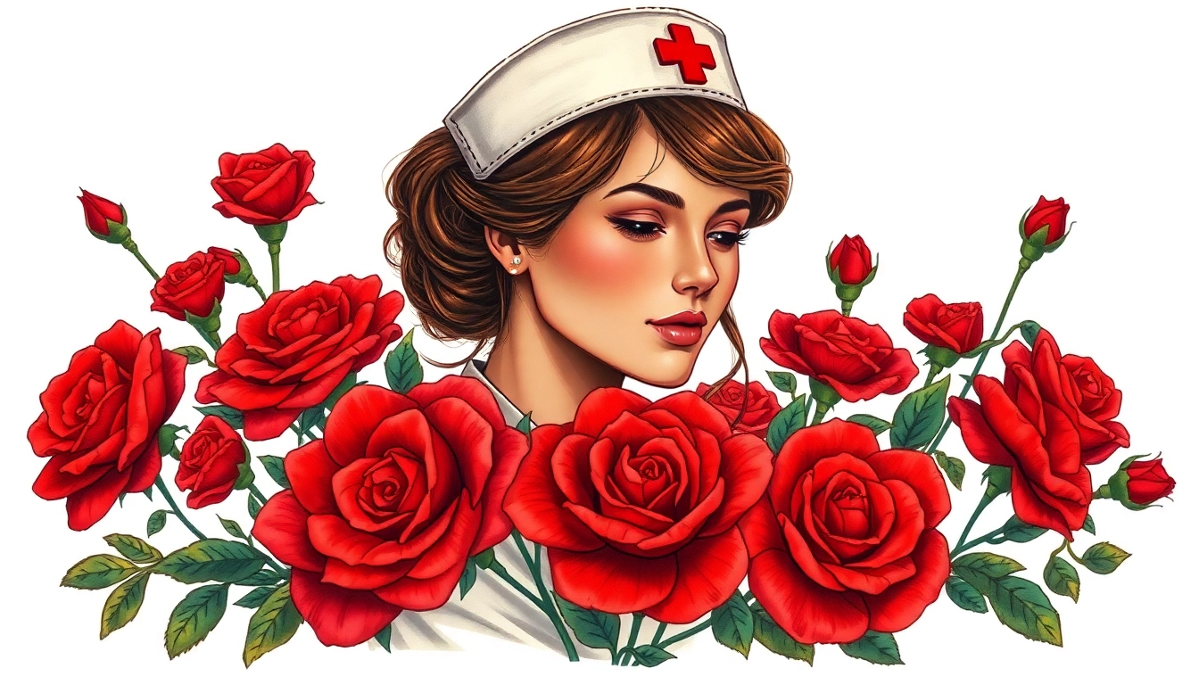 Emphasizing the rose of no man's land tattoo meaning, this design features a nursing figure surrounded by red roses symbolizing courage and sacrifice.