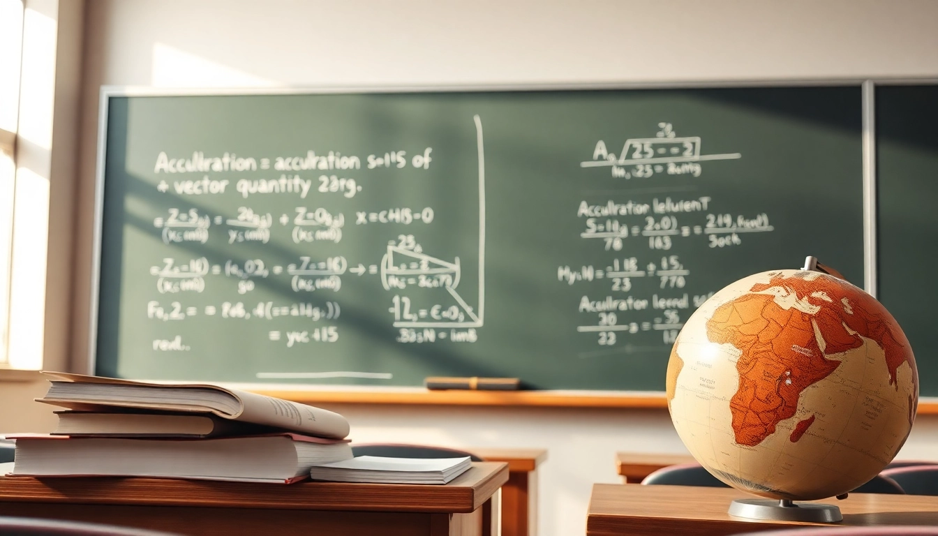 Illustration showcasing that acceleration is a vector quantity with formulas and diagrams on a blackboard.