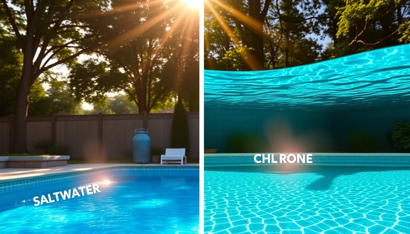 Compare the cost of saltwater pool vs chlorine pool cost, featuring serene environments of both types.