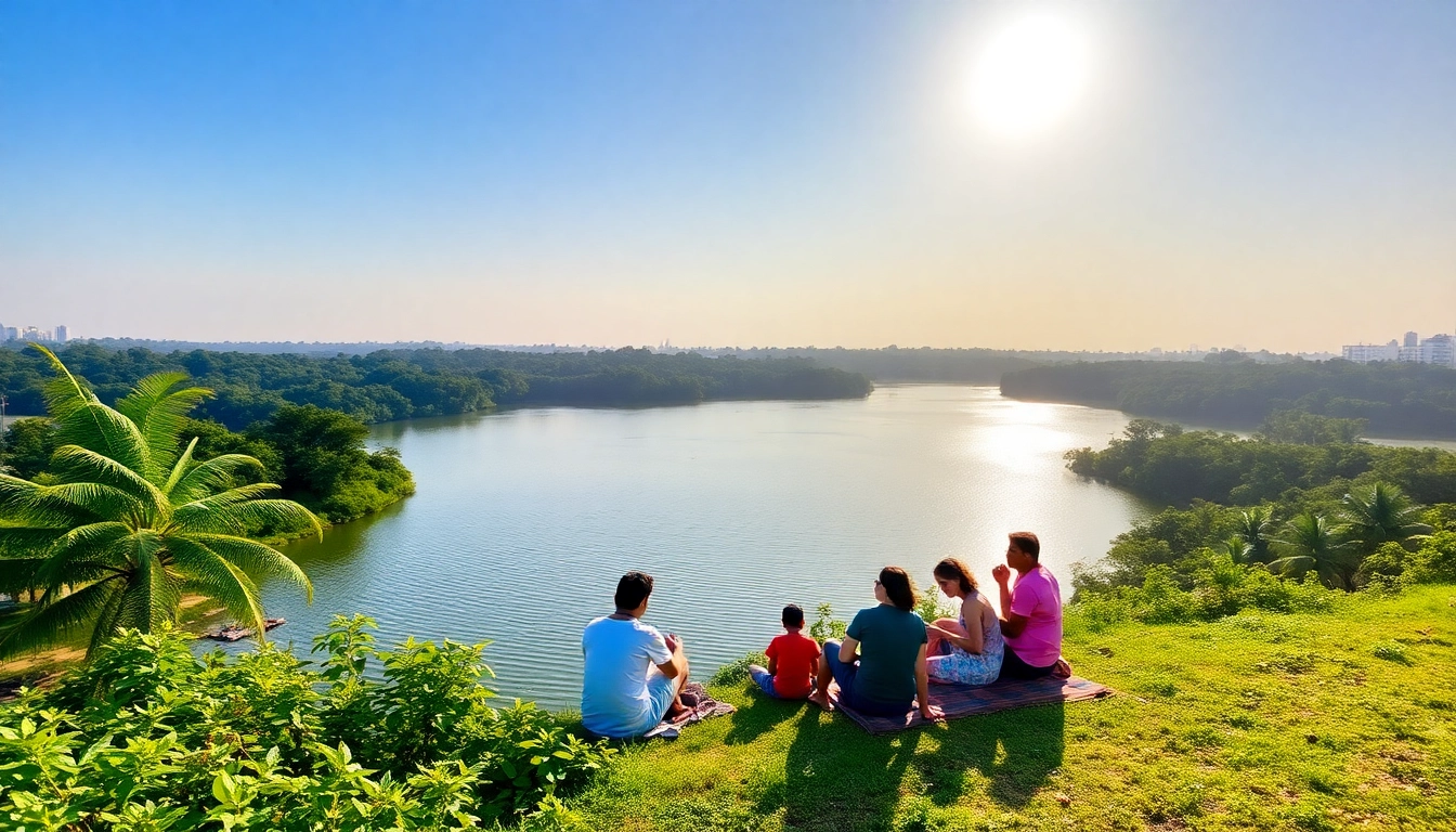 Enjoying a one day picnic spot near Mumbai, with families relaxing by a beautiful lake surrounded by nature.