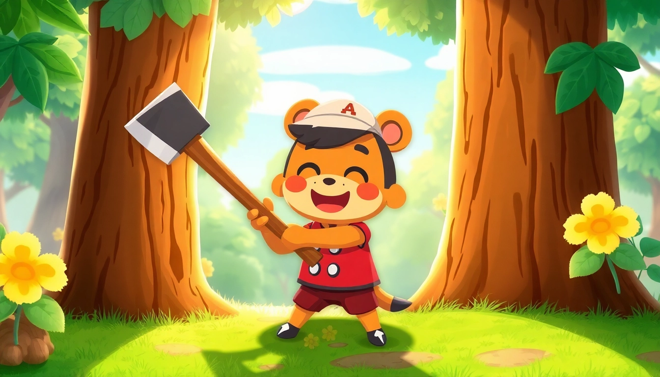 Learn how to chop down trees in Animal Crossing as a character uses an axe in a cheerful environment.