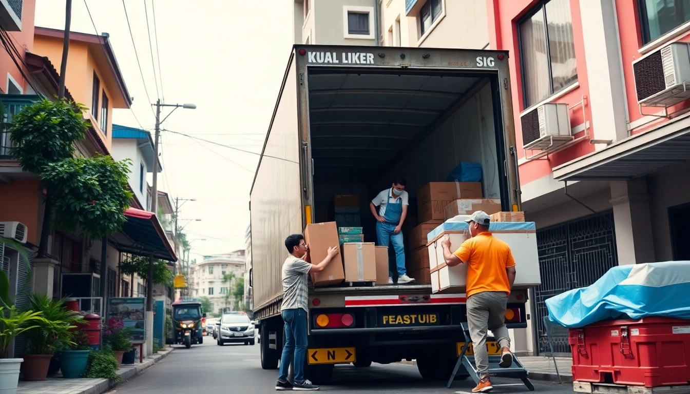 Efficient house movers kl handling furniture in a bustling Kuala Lumpur neighborhood.