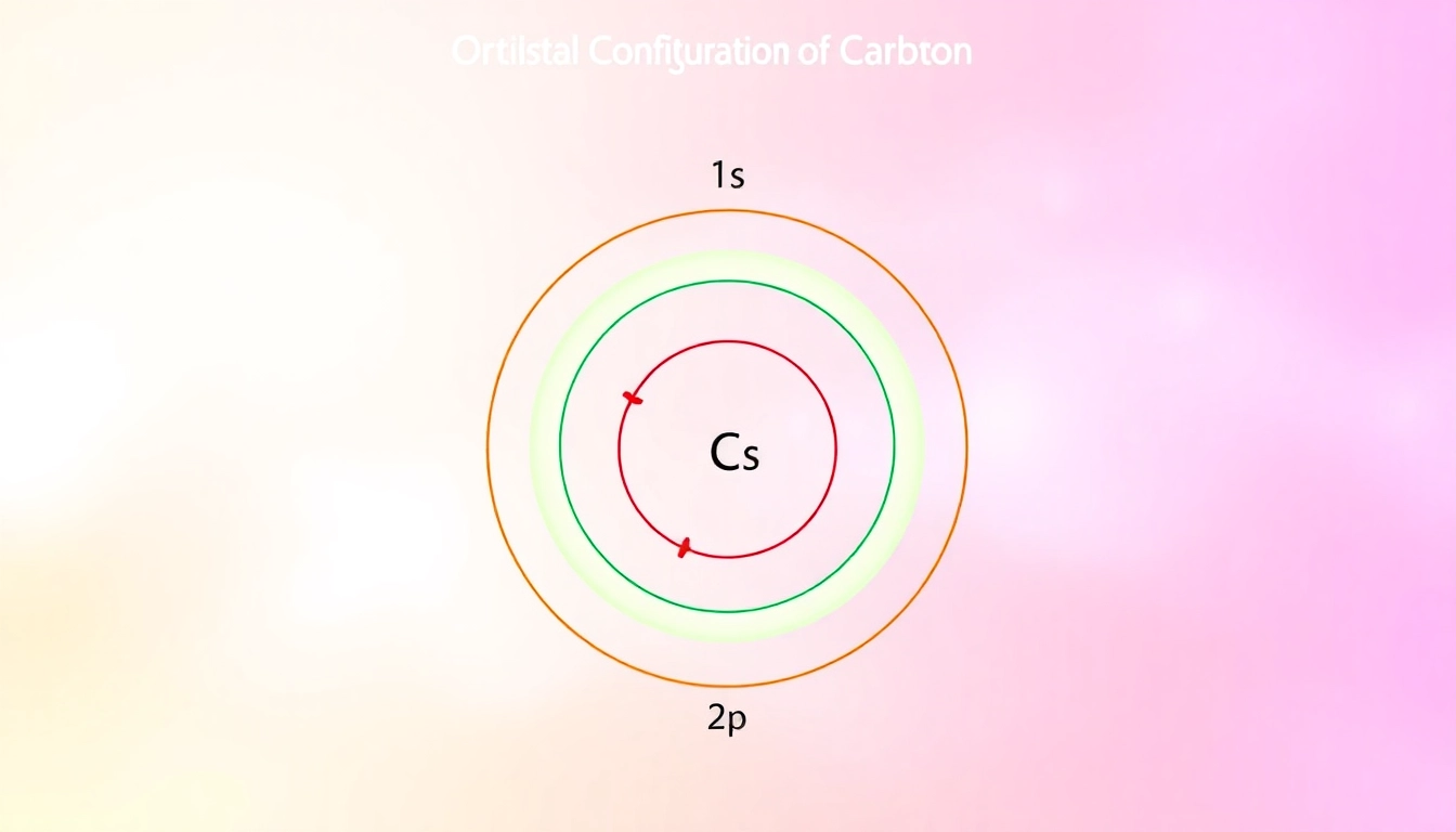 Illustrate the orbital configuration of carbon, showcasing 1s, 2s, and 2p orbitals with vibrant colors.