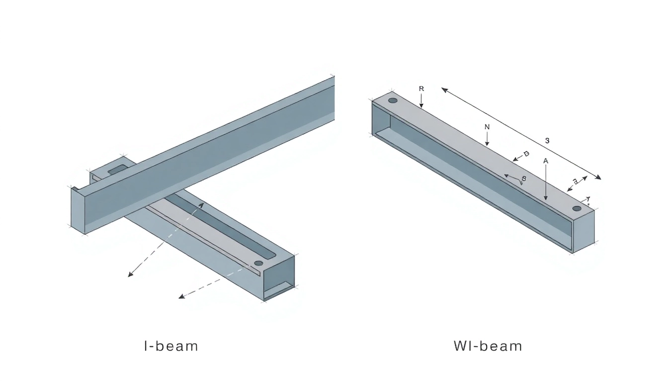 Compare I beam vs W beam shapes highlighting their structural differences and applications.