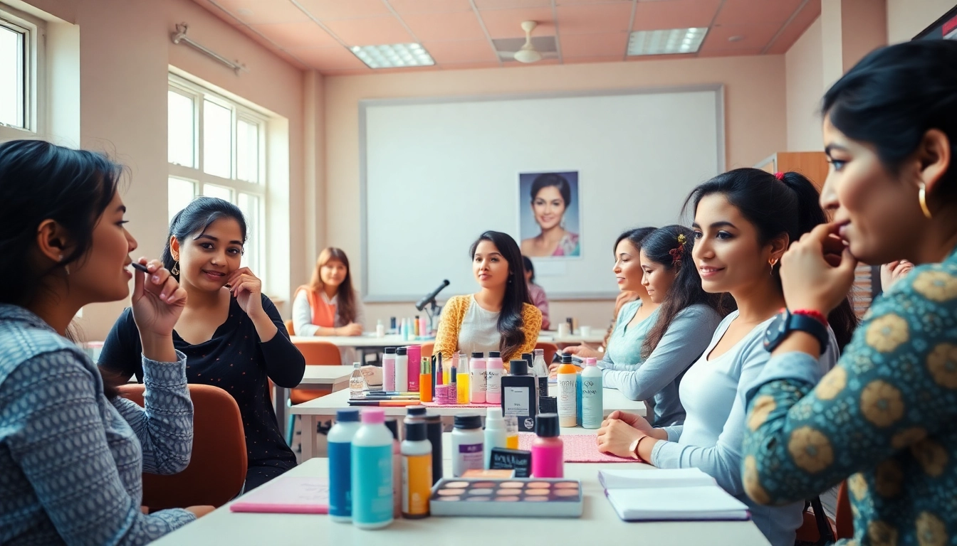 Students learning cosmetology at colleges in India, practicing beauty techniques in an engaging environment.