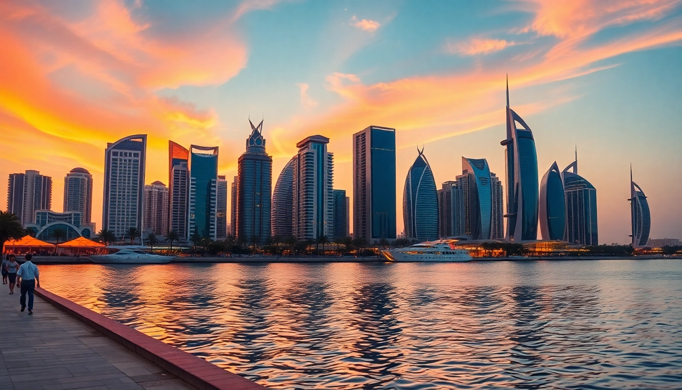 Showcasing top developers in Abu Dhabi with a stunning skyline view during sunset.