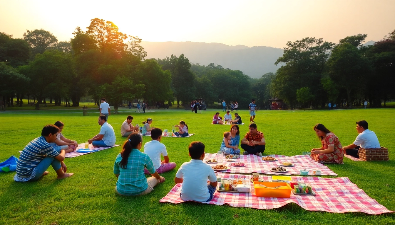 Families enjoying a picnic at beautiful one day picnic spots near Mumbai, showcasing colorful setups and natural scenery.