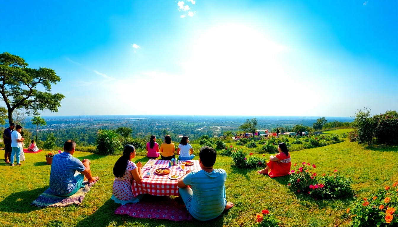 Families enjoying a picnic at a beautiful picnic point in Mumbai surrounded by greenery and flowers.