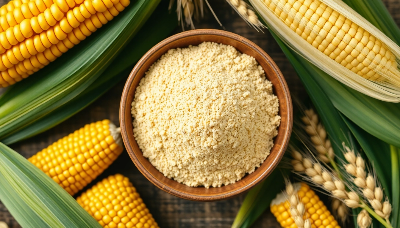 Highlighting corn flour benefits, this image features a bowl of corn flour with fresh corn and wheat, emphasizing nutrition and wellness.