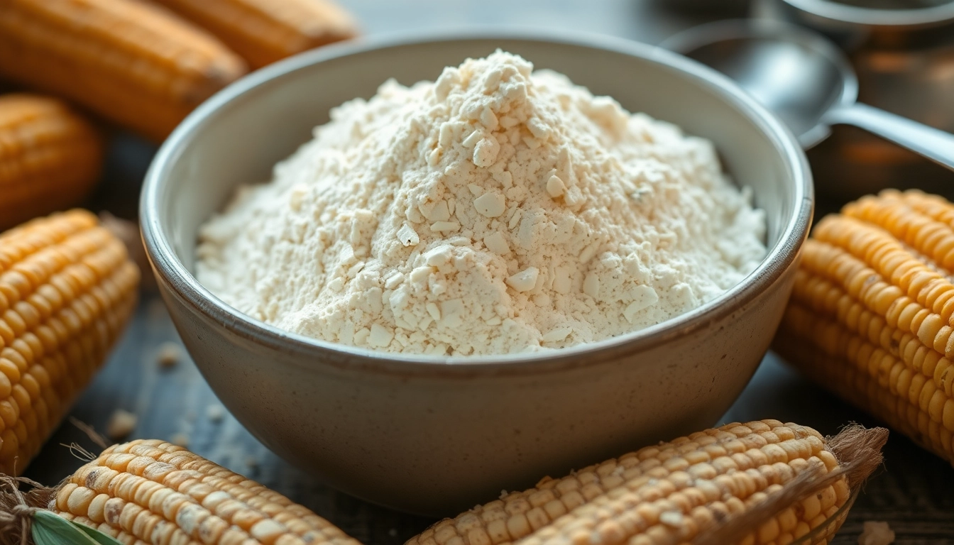 Learn why is corn flour bad for you, as this bowl showcases its coarse texture among kitchen elements.