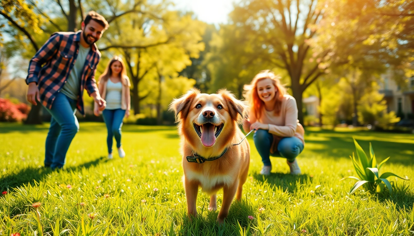 Engaging family activity promoting pet health with their joyful dog in a sunny park setting.