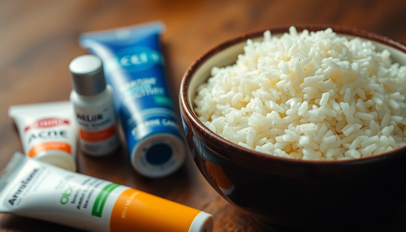 Does rice cause pimples? A bowl of white rice next to skin care products highlighting dietary effects on acne.