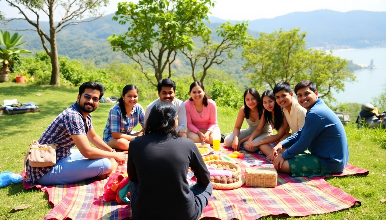 Families enjoying one day picnic places near Mumbai with colorful blankets in a scenic outdoor setting.