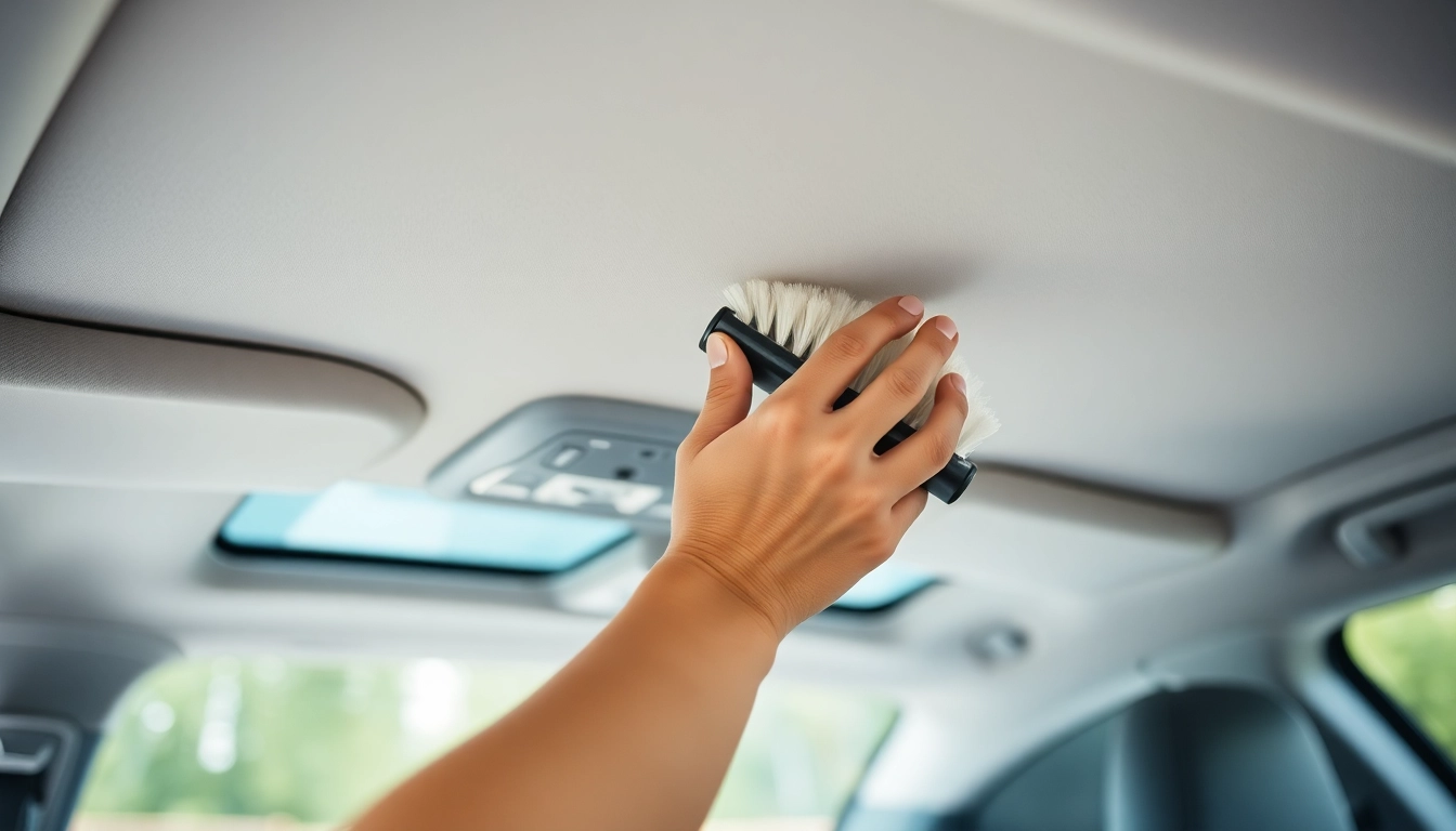 Demonstrating how to clean inside car roof gently using a soft brush and a cleaning solution