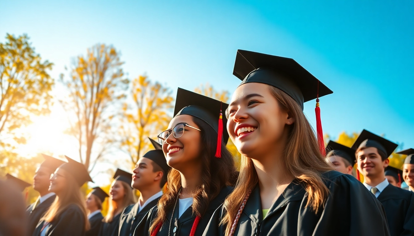 Graduation in distance education students celebrating their accomplishments during an outdoor ceremony.