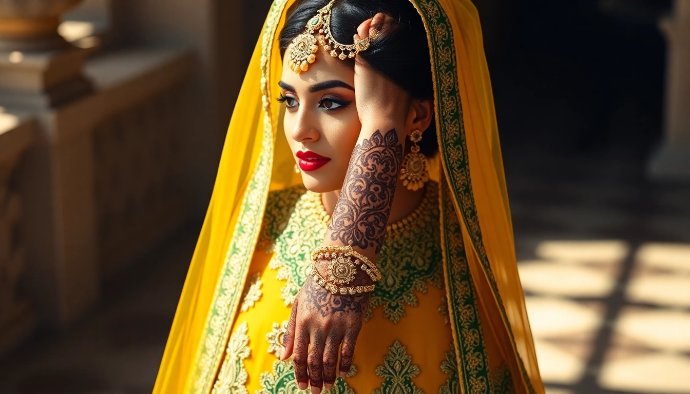 Stunning mehndi lehenga color combinations showcasing mustard yellow and emerald green, ideal for bridal elegance.