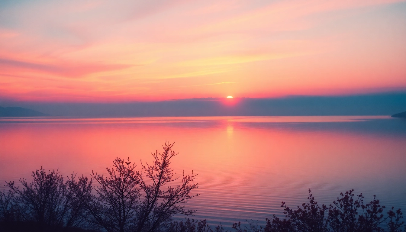 Inspiring serene landscape from www.quotela.net showcasing a sunset over a tranquil lake with silhouettes of trees.